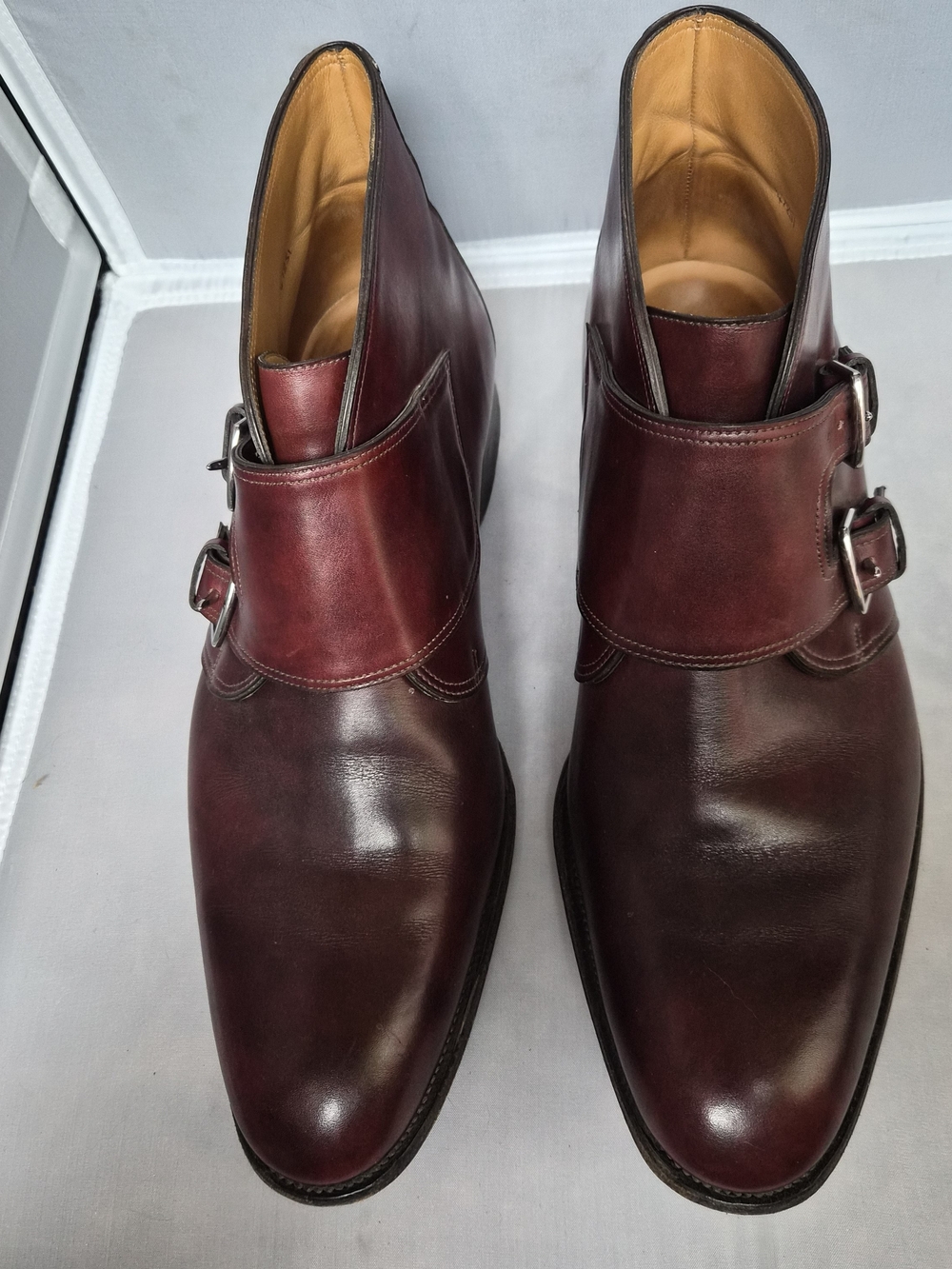 Hermes/John Lobb Double Monk Strap Ankle Boots - Burgundy Calfskin Size 43.5